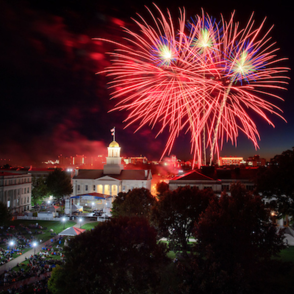 Fireworks on the University of Iowa Pentecrest. 