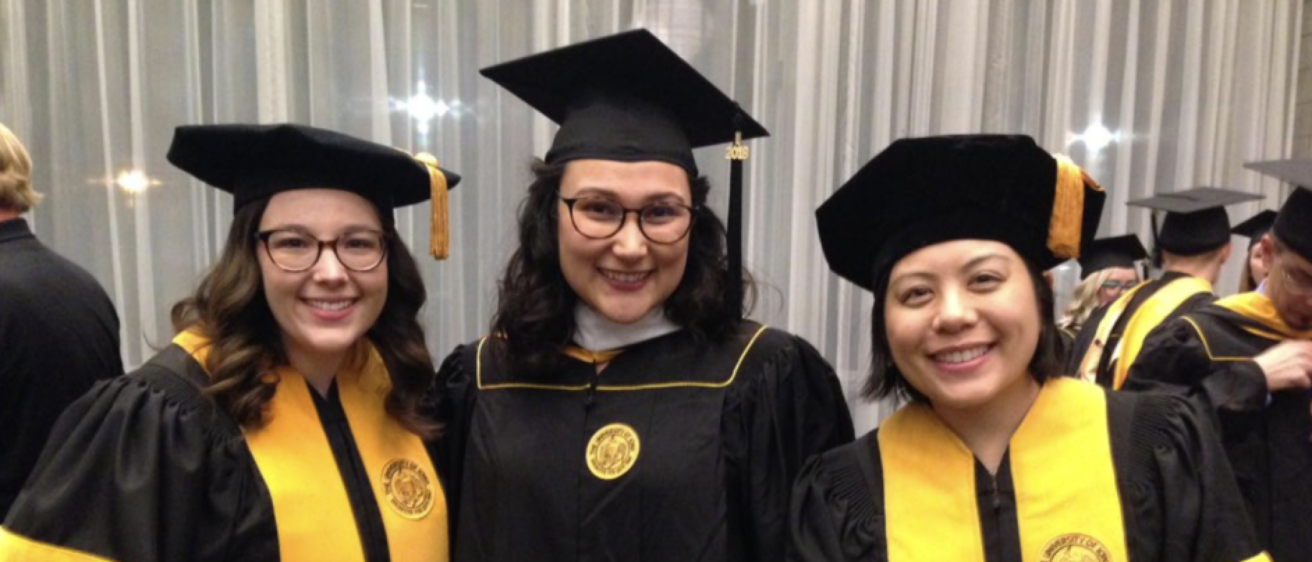 Image of Recent Graduates Dr. Lucas, Ms. Gaetgaeow, and Dr. Nguyen.