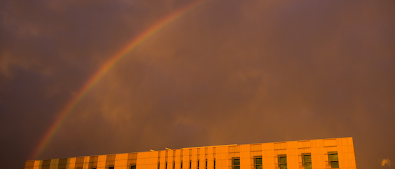 Exterior of the Voxman Music Building featuring Rainbow.