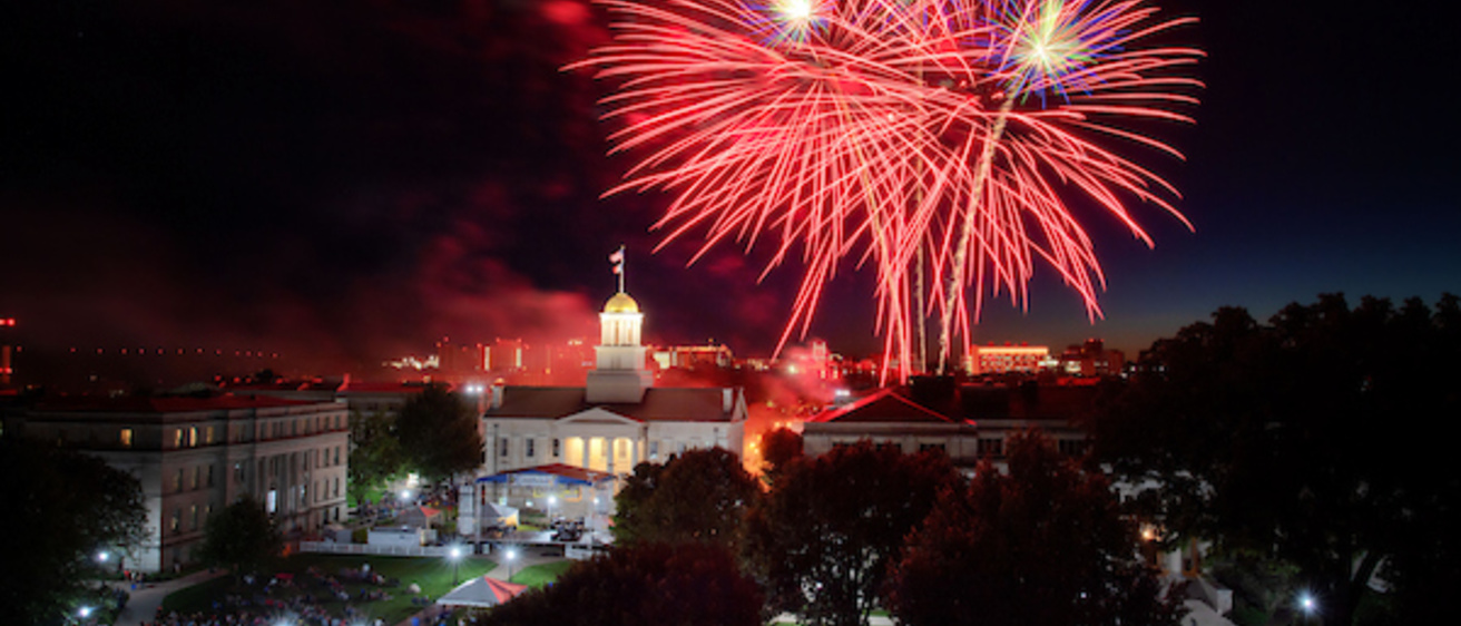Fireworks on the University of Iowa Pentecrest. 