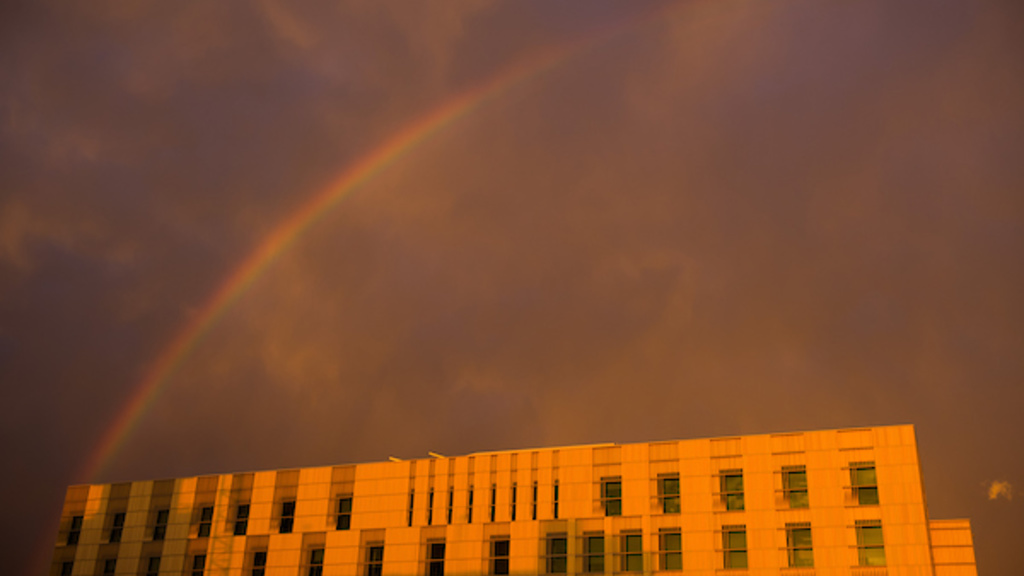Exterior of the Voxman Music Building featuring Rainbow.